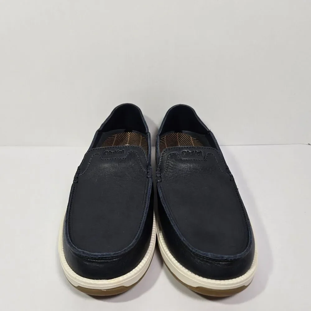 $140 Olukai Kākaha Nia Mens 11 Leather Slip On Shoes Loafer Casual Indigo Blue